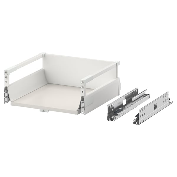 A white EXCEPTIONELL push-to-open kitchen drawer with two runners, designed for sleek, handle-free use.