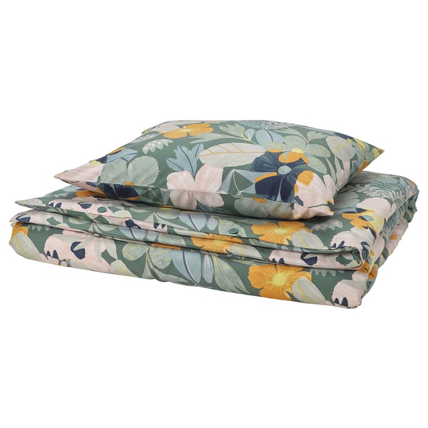 FÄLTGRÄSMOTT bedding set, colorful floral pattern, green base. Cotton-viscose blend, soft, breathable, rectangular shape, button closure.