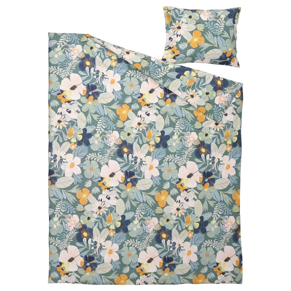 Floral duvet cover & pillow set, teal with white & yellow flowers, soft cotton-viscose blend.