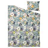 Floral duvet cover & pillow set, teal with white & yellow flowers, soft cotton-viscose blend.