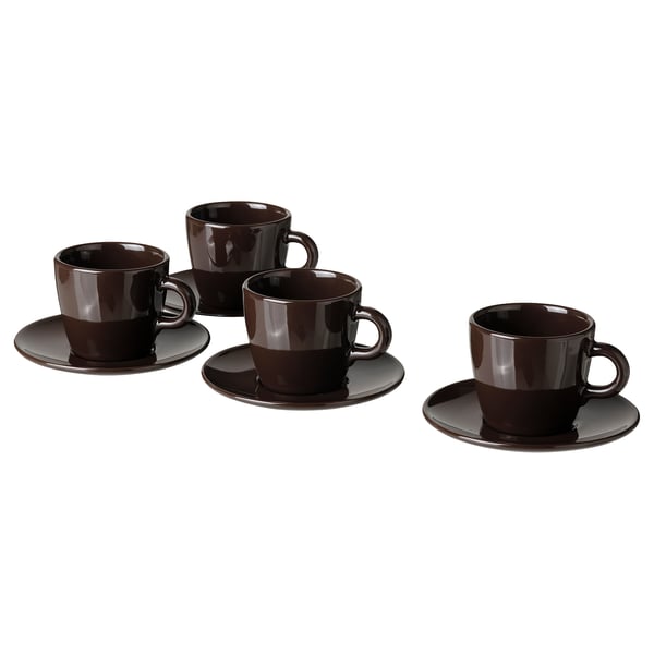 Four dark brown FÄRGKLAR ceramic cups and saucers arranged in a group on white background.