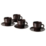 Four dark brown FÄRGKLAR ceramic cups and saucers arranged in a group on white background.