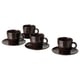 Option: Four dark brown FÄRGKLAR ceramic cups and saucers arranged in a group on white background.