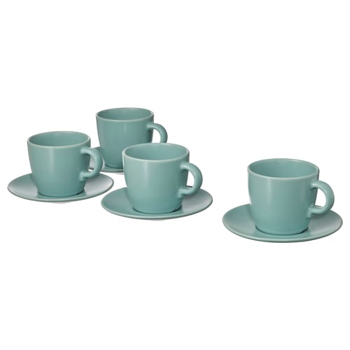 Four light blue cups on saucers, simple modern design, ceramic, uniform colour, round handles.