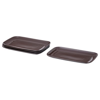 Four dark brown rectangular stoneware plates, glossy finish, stacked neatly.