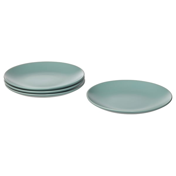 Set of four sea-green stoneware plates, plain design.