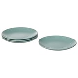 Set of four sea-green stoneware plates, plain design.
