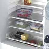 Refrigerator with adjustable shelves, storing various food items like berries, vegetable, cheese, and dessert. Led light inside.