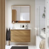 Modern bathroom with large mirror cabinet, vanity, faucet, soap, plant, and glass shower.