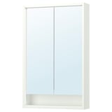 FAXÄLVEN white mirror cabinet with built-in lighting, sleek design, safety film, and open shelf for bathroom storage.