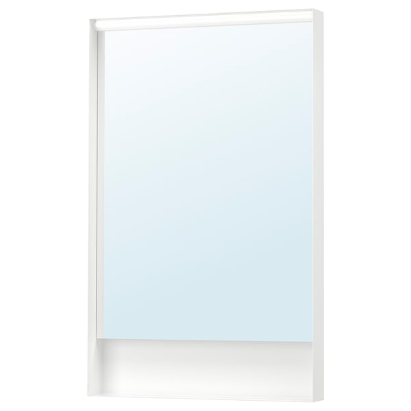 A modern white FAXÄLVEN mirror with a lit frame, designed to illuminate the surrounding area without casting shadows.