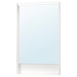 A modern white FAXÄLVEN mirror with a lit frame, designed to illuminate the surrounding area without casting shadows.