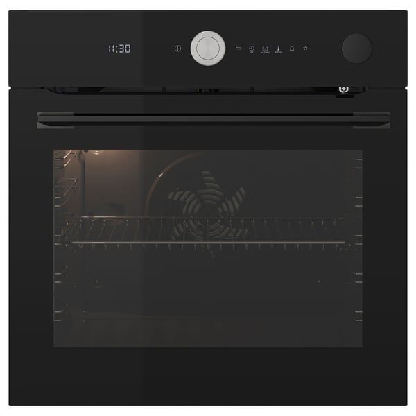 Black built-in oven with digital display, touch controls, and convection fan.