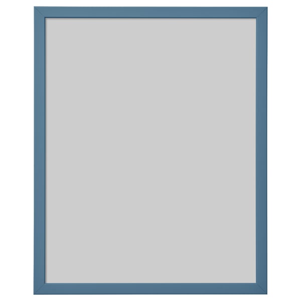A blue FISKBO picture frame with a rectangular shape and simple design. It has a plastic front for safety and can be hung vertically or horizontally.