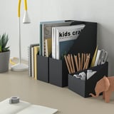 FJÄDERHARV desk organizer, black, 4 compartments for pens, notebooks, magazines. Recycled paperboard, medium size.