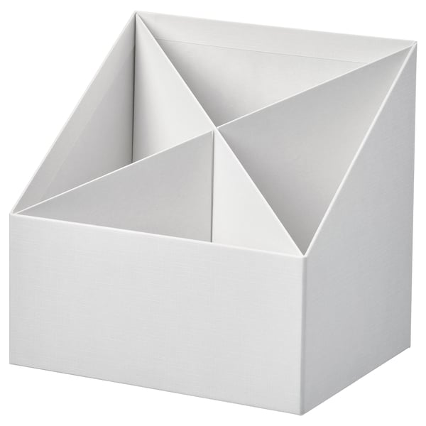 A white FJÄDERHARV desk organizer with four compartments, made of recycled paperboard.