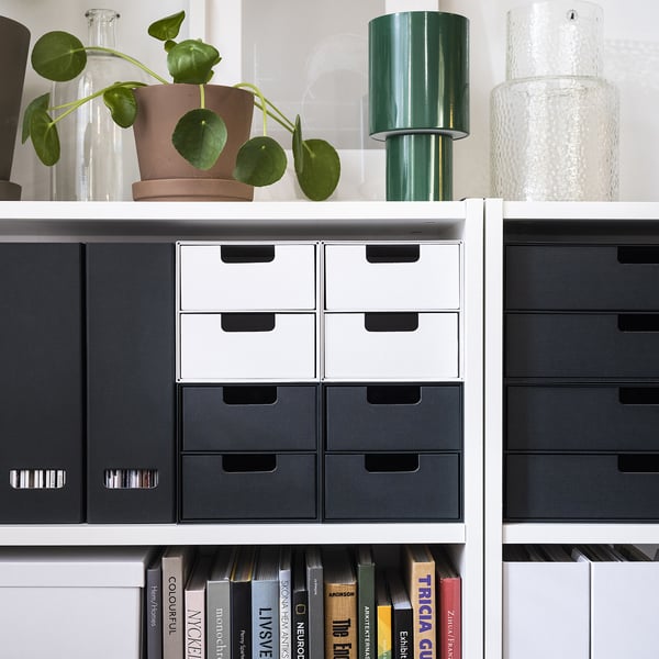White shelf with gray magazine files, green plant, and books. Files are long and rectangular, holding books upright.