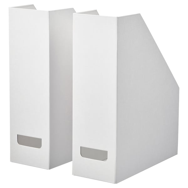 Two vertical white FJÄDERHARV magazine holders with cut-out handles for easy access, perfect for organizing papers and notebooks.