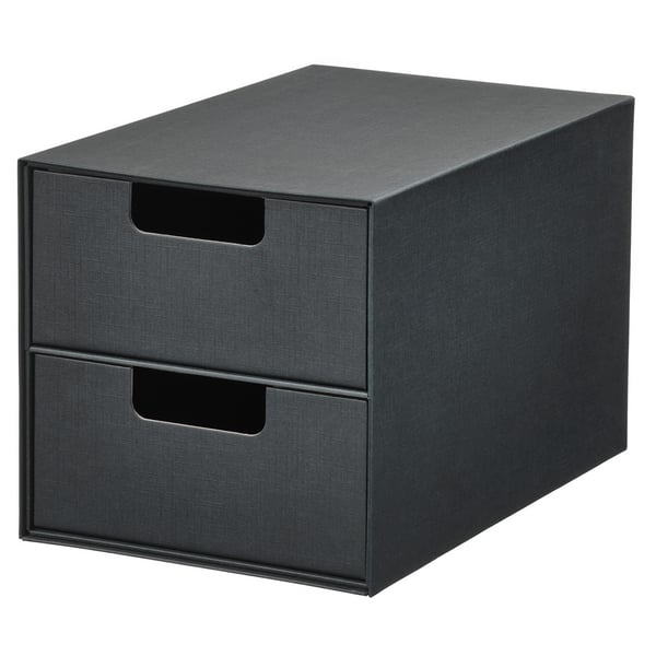 Black FJÄDERHARV mini chest with 2 recycled paper drawers and cut-out handles.