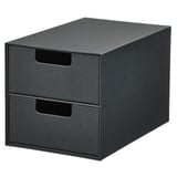 Black FJÄDERHARV mini chest with 2 recycled paper drawers and cut-out handles.