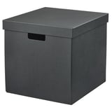Gray square storage box, FJÄDERHARV, made of recycled paper, with lid and handles.