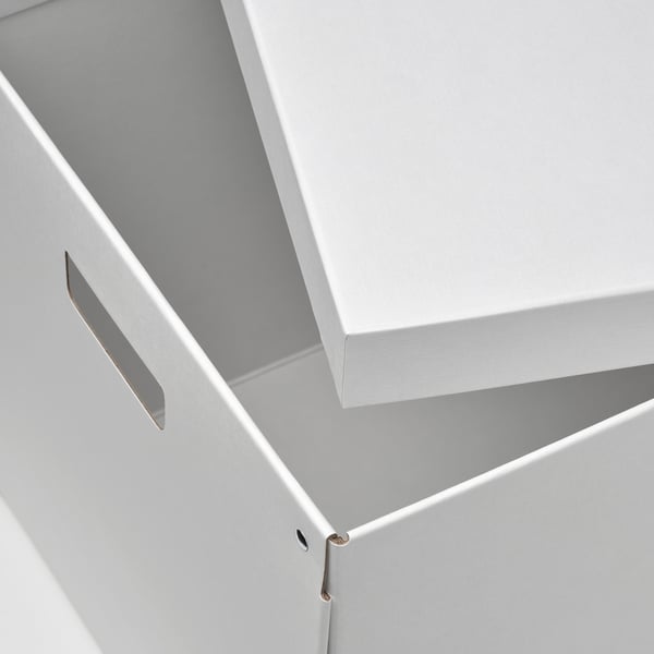White box with cut-out handle, ideal for storage. Durable paperboard construction.