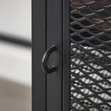 Close-up of metal drawer handle and mesh pattern on FJÄLLBO desk, showcasing its robust and modern design.