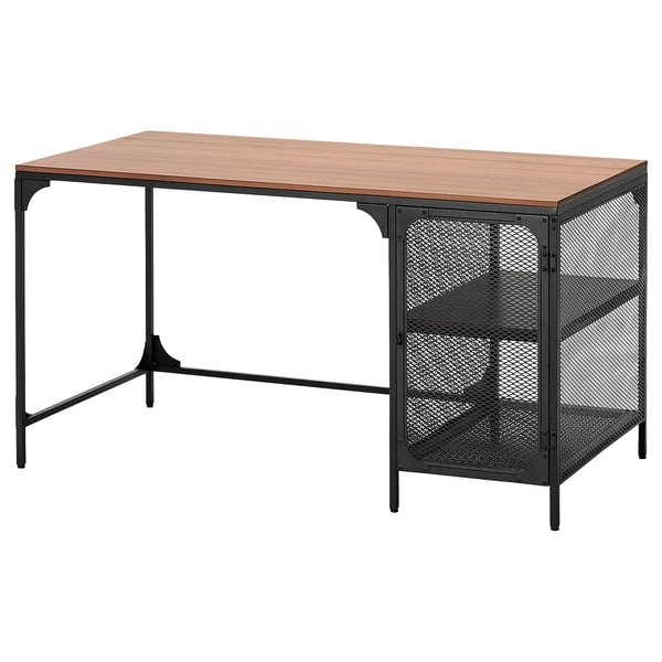 FJÄLLBO desk, light wood top, black metal frame, mesh shelf, industrial style.