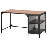 FJÄLLBO desk, light wood top, black metal frame, mesh shelf, industrial style.