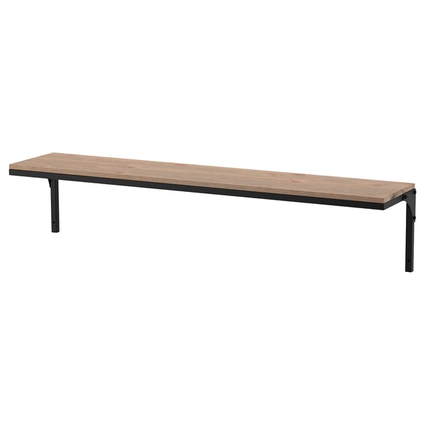 FJÄLLBO rustic wall shelf, natural wood & black metal, rectangular.
