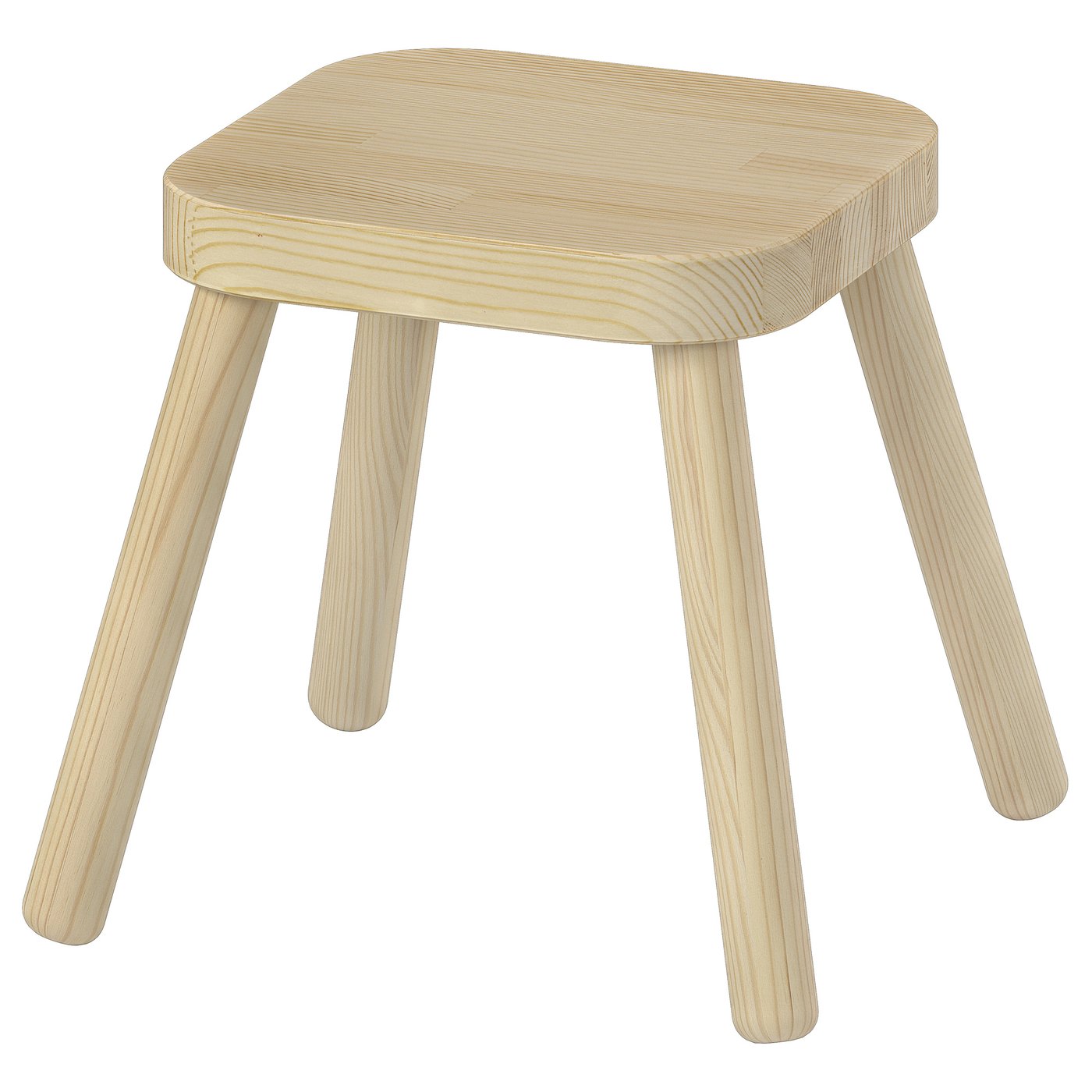Light-colored wooden FLISAT stool, square seat, four round legs.