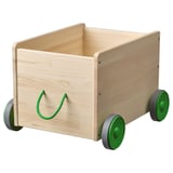 FLISAT toy cart: light wood, green wheels, rope handle, 4 casters, simple design.
