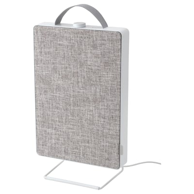 A white FÖRNUFTIG air purifier with a gray fabric front, standing on a metal stand. It has a modern, rectangular design with a handle on top.