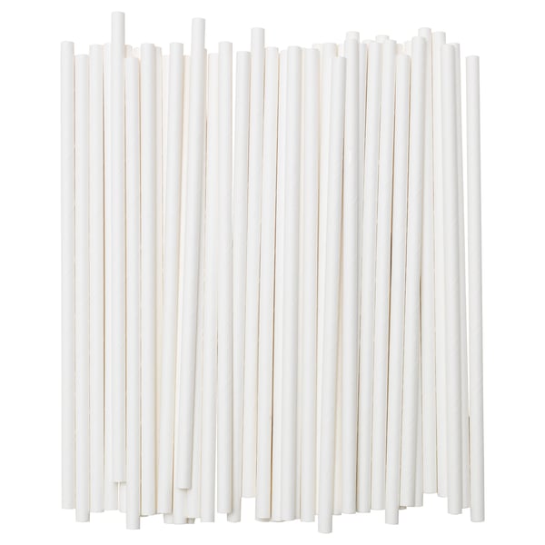 Displays multiple white paper drinking straws standing upright in a grid pattern, highlighting their cylindrical shape and eco-friendly material.