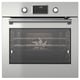 Stainless steel built-in oven with digital display, control knobs, and glass window. Modern design, self-cleaning, fan-forced air convection.