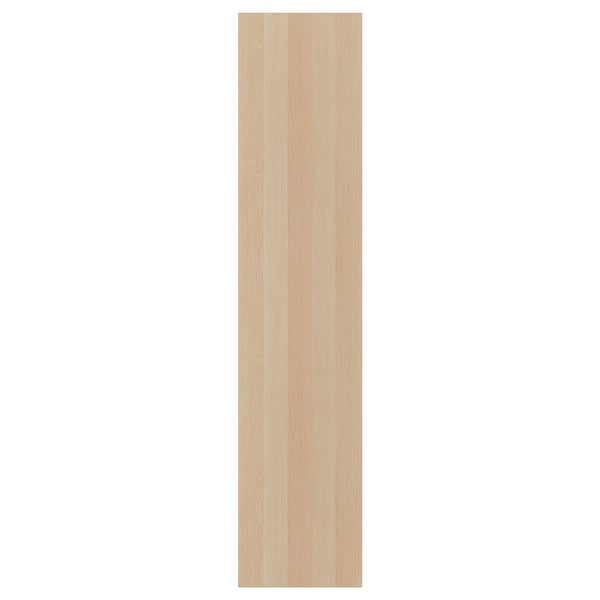 A FORSAND door. Its rectangular, light-colored, with a wooden texture. Made from particleboard and foil, it has a soft-close hinge.