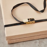 Black cargo straps with metal buckles securing a cardboard box.