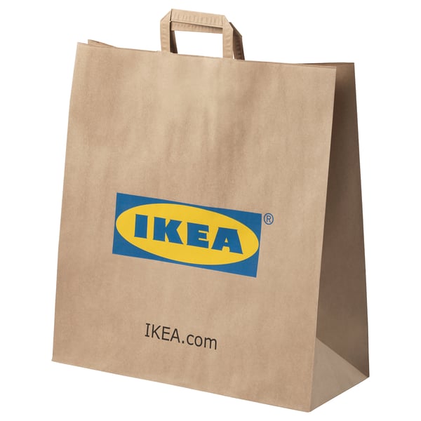 Ikea brown paper bag with yellow and blue logo, handle, website on front.