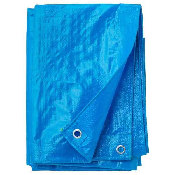 Blue FRAKTA tarp, rectangular, durable plastic with eyelets, protects against moisture and dirt.