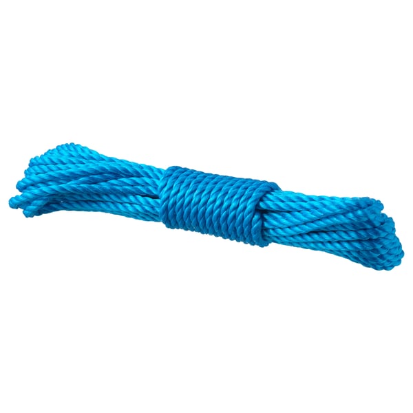 Bright blue twisted rope, coiled neatly, suitable for securing loads, made of polypropylene.