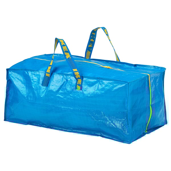 A large blue FRAKTA bag with yellow and blue straps. Its a durable, rectangular storage bag with handles for carrying.