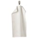 Option: A white FREDRIKSJÖN towel, thick and soft, hangs on a hook. Made of pure cotton, featuring a woven border design.
