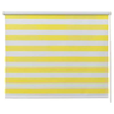 Yellow/white striped FRIDANS roller blind, made from recycled polyester, horizontal stripes.