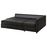 Black convertible sofa-bed, modern leather-like fabric, l-shape, sleek design.