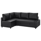 FRIHETEN: black corner sofa-bed with storage, convertible to double bed, plush cushions, modern design.