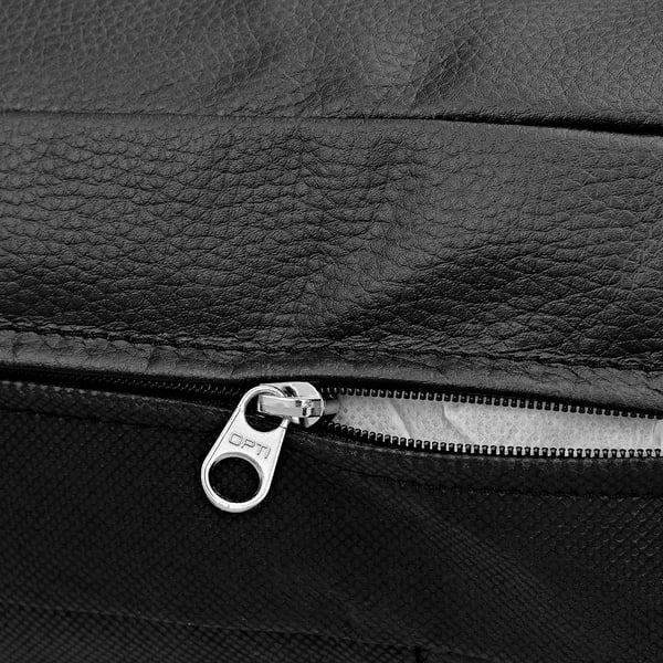 Close-up of durable coated fabric zipper on sofa bed; opti brand pull.