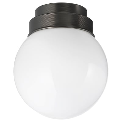 Round, black & white lamp with glass shade; fits ceiling, looks classic.