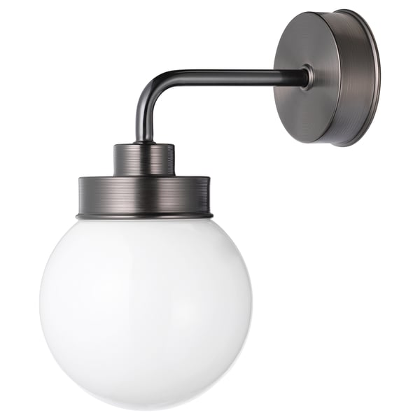 FRIHULT white globe wall lamp, metallic base, round glass shade, simple, classic design.