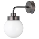 FRIHULT white globe wall lamp, metallic base, round glass shade, simple, classic design.