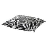 Black and white patterned pillow with wavy lines, square shape, and french knots at corners.